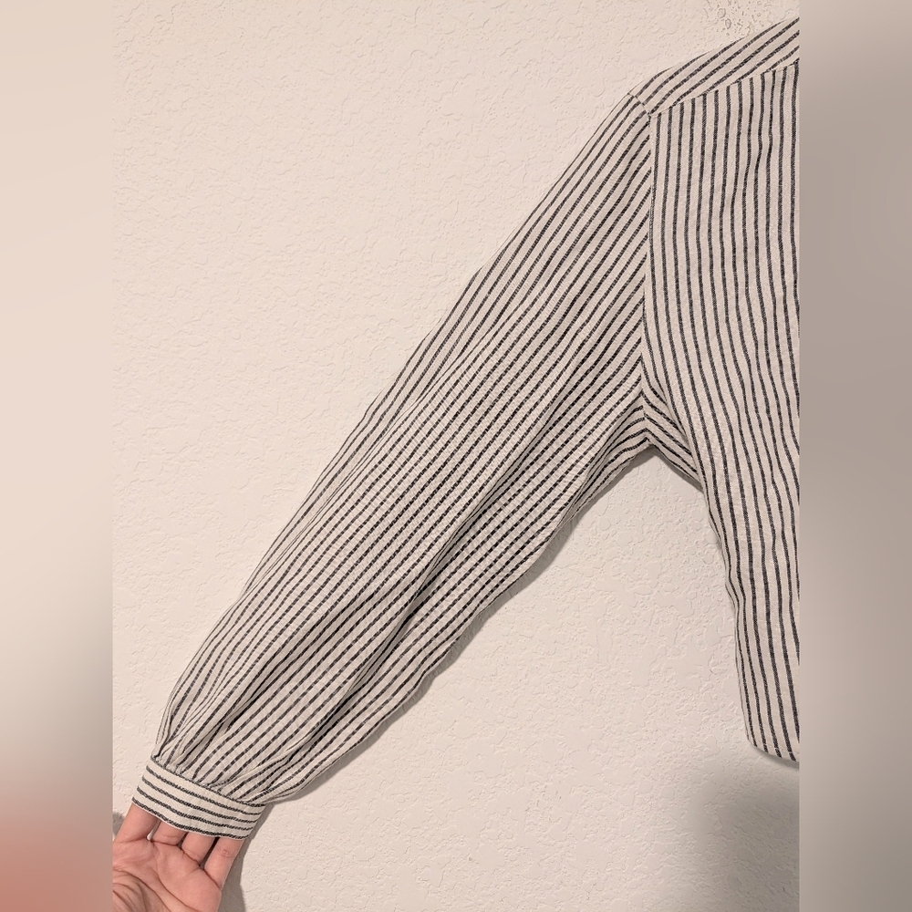 Rag & Bone Grey Striped Cotton Linen V-Neck Long Sleeve Cropped Wrap Blouse - Picture 8 of 9